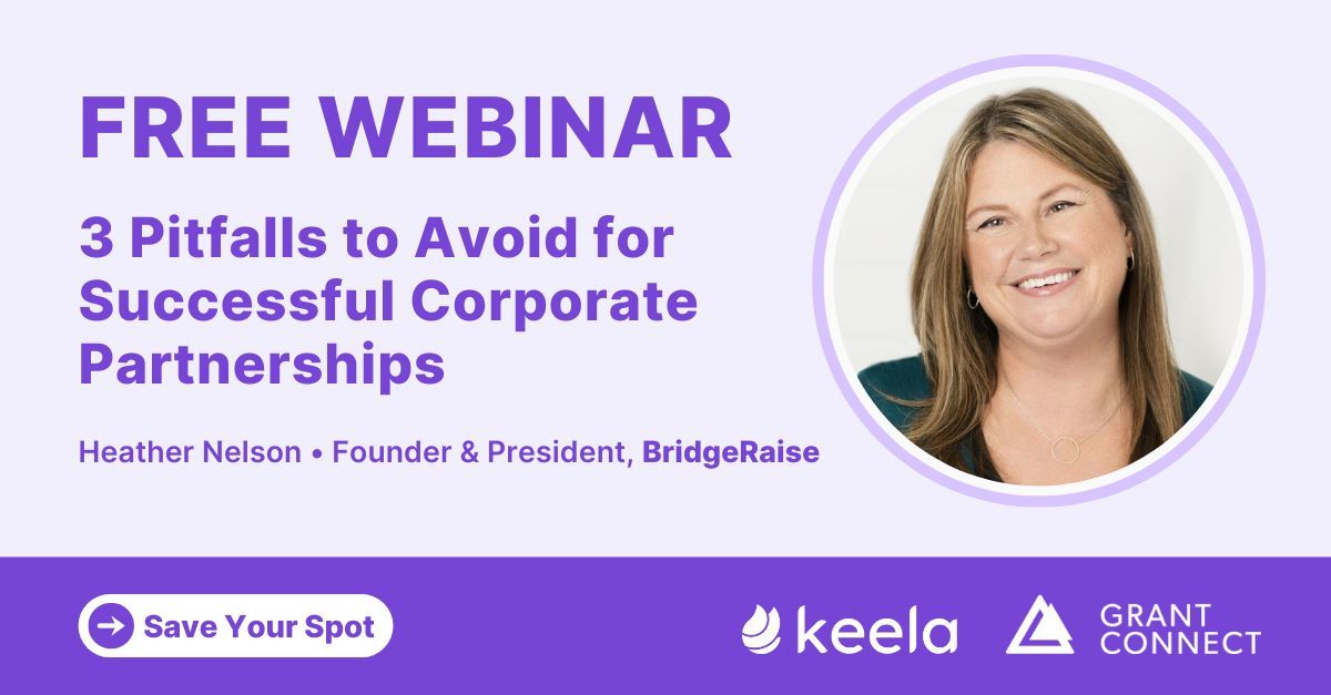 On October 16th at 11am PT/2pm ET, join @HeatherNelson12, Founder &amp; President of <a href="/bridgeraiseCA/">BridgeRaise</a>, for a free webinar on the 3 Pitfalls to Avoid for Successful Corporate Partnerships. Presented by <a href="/GrantConnect/">Grant Connect - Connexion subvention</a> &amp; <a href="/Keela/">Keela</a>. Register here: buff.ly/3yWNwE4