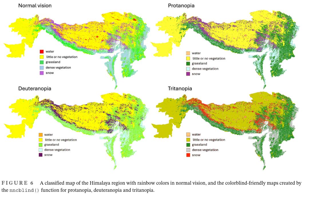 jakub_nowosad's tweet photo. 🎨 New in Environmetrics: "Under the mantra: ‘Make use of colorblind friendly graphs’ "🎨 

Simulate colorblindness
Develop accessible color palettes
Convert existing graphs

Url: https://t.co/pPpARhneFl 

#DataViz #Accessibility #Rstats https://t.co/UU3HcymSvb