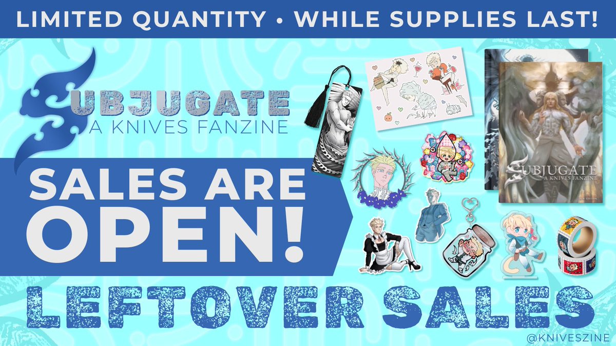 -- ‼️🛍️ LEFTOVER SALES ARE OPEN! 🛍️ ‼️--

 Quantities are limited, so claim them while you can!
🔪 Orders shipping Oct 14+

Leftovers include:
💠 Both Physical Zines (+ PDF included)
💠 Physical/Digital Merch Bundles
💠 Select Individual Physical Merch
🛒 kniveszine.bigcartel.com