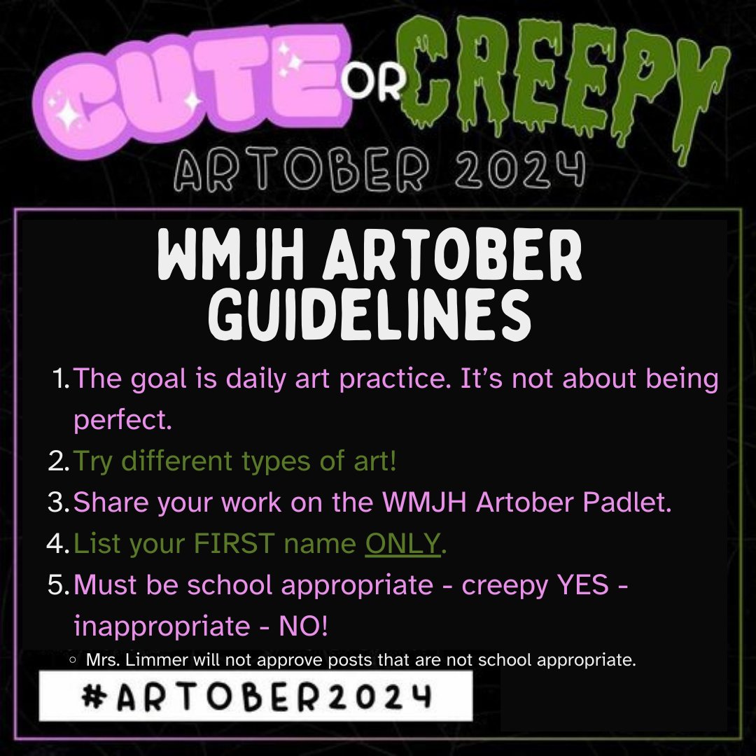 WMJHlibrary's tweet image. WMJH library is celebrating Artober! Use the prompts and create something cute or creepy. Post to the Artober Padlet found in the Canvas announcement. Let's see what you can do! #artober2024 @WMJHJaguars #katylibraries #passiveprogramming #art #celebrateart #tryanewmedium @padlet