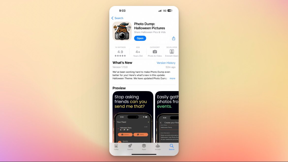 Emmett_Deen's tweet photo. Our #Halloween edition of Photo Dump is live on both app stores! Use Photo Dump to capture all of your Halloween memories.

#buildinpublic #flutterdev #MobileApp https://t.co/qKaBe2qUGE