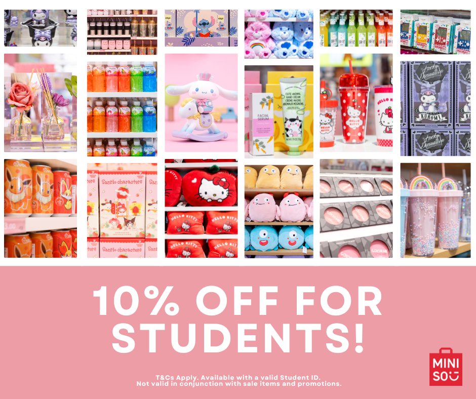 Get 10% OFF MINISO Reading for all your University essentials!

👜 Bags
🥤GIANT water bottles
📦 Cute storage boxes
📓 Notebooks  
🎱Squishy stress balls (just in case!)
☂️ Umbrellas to tackle the (great) British weather 
🍜 ALL the snacks

Ts and Cs apply
instagram.com/miniso_uk/