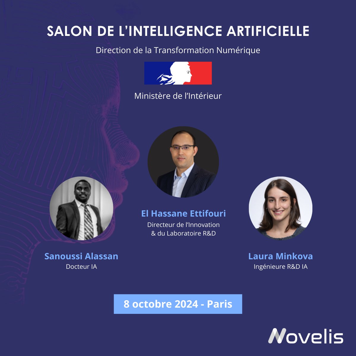 📢Novelis au Salon de l'#IA de la Direction de la Transformation Numérique de <a href="/Interieur_Gouv/">Ministère de l'Intérieur</a> !

Rejoignez-nous le 8 octobre sur notre stand, et rencontrez nos experts en #GenAI💡

📍Lumière, 40 Avenue des Terroirs de France - 75012 Paris
⏰10h00 - 16h00
👉novelis.io/fr/events/nove…