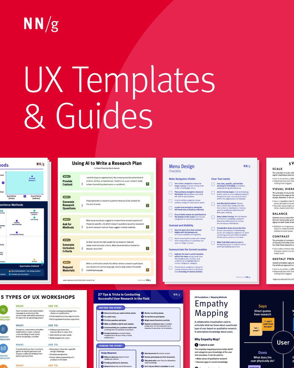 NNgroup's tweet image. Need a jumpstart for your next UX project? NN/g’s free templates are here to help! From journey maps to usability testing 101, these resources might just save time &amp;amp; boost productivity!

Check them out: bit.ly/47IysGJ

#UXDesign #FreeTemplates #UXResearch #UX