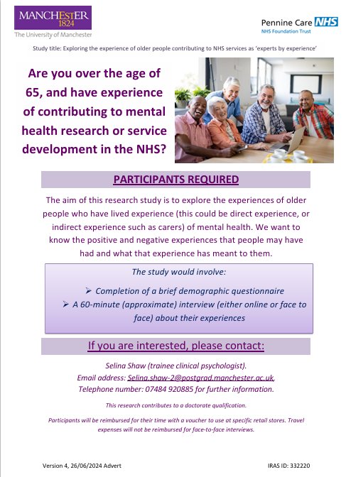 On #InternationalDayofOlderPersons pls find details of my study as part of my clinical psychology doctorate exploring older people 'expert by experiences' within #MentalHealth services. Pls share &amp; get in touch if you are interested 😊