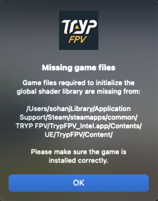 SohanJ's tweet photo. @TRYPFPV Hey guys! I bought your FPV simulator for my MacBook Pro M3. It throws this error at my end. Can you provide a solution for the same? https://t.co/wlr8oLuu40