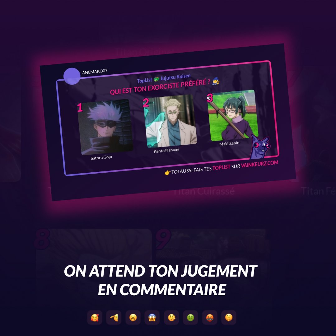 ThePatternwa's tweet image. Voici notre classement de nos exorcistes préférés dans Jujutsu Kaisen 👹

#JJK #Exorcistes #TopList #VAINKEURZ