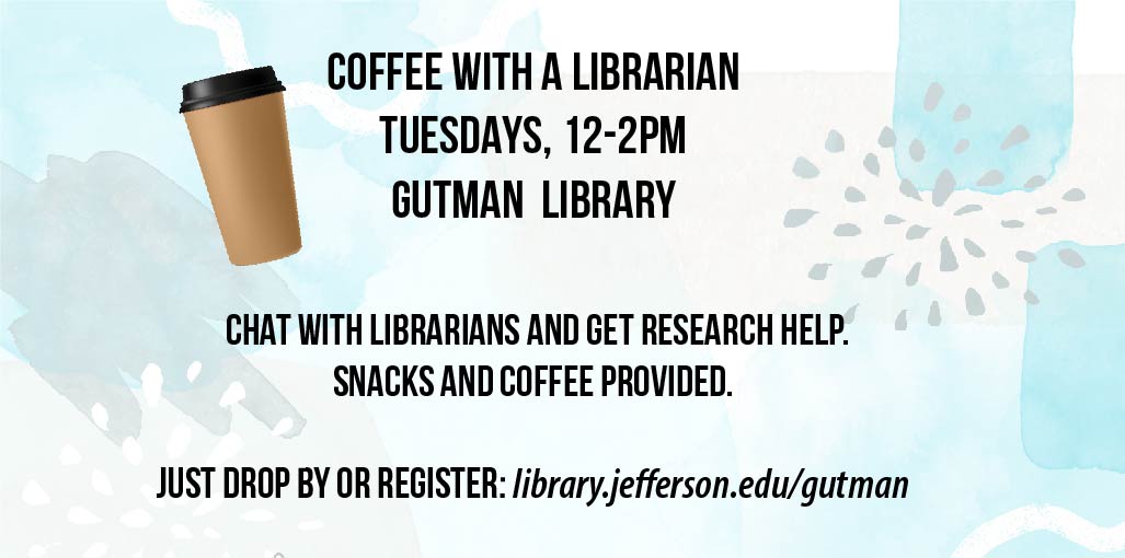 Stop by the Library Instruction Space (LIS) on the main floor day from 12-2pm for Coffee with a Librarian! Grab a snack, meet our team, and get help with your coursework. See ya later!
