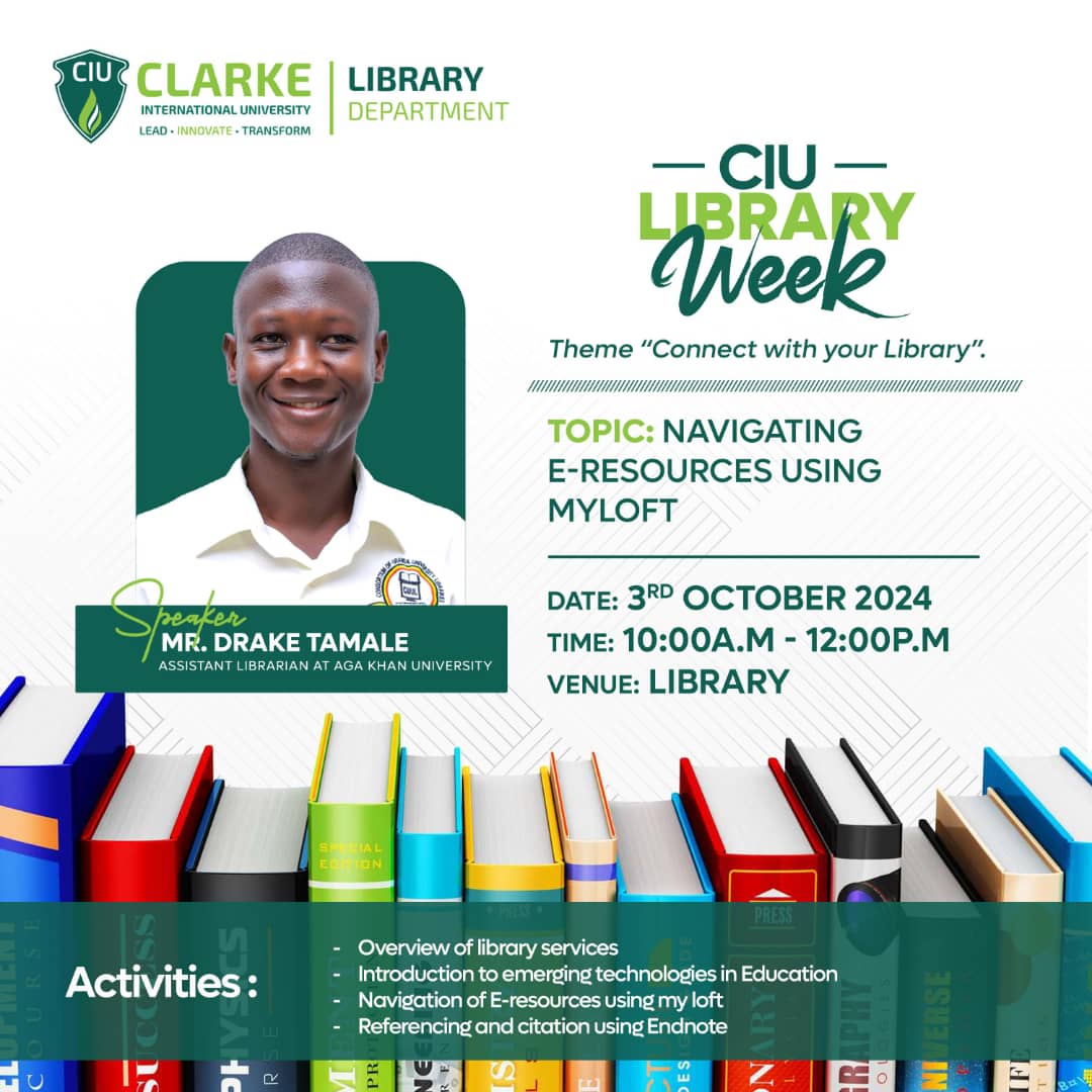 CIUuga's tweet image. Discover the secrets of finding top-notch e-resources through MyLOFT with expert Mr Drake Tamale. 📚💫 Take advantage of CIU Library Week and enhance your academic skills like never before! 🗓️ October 3rd, 10 AM - 12 PM. #LibraryWorkshop #CIULibraryWeek #MyLOFT