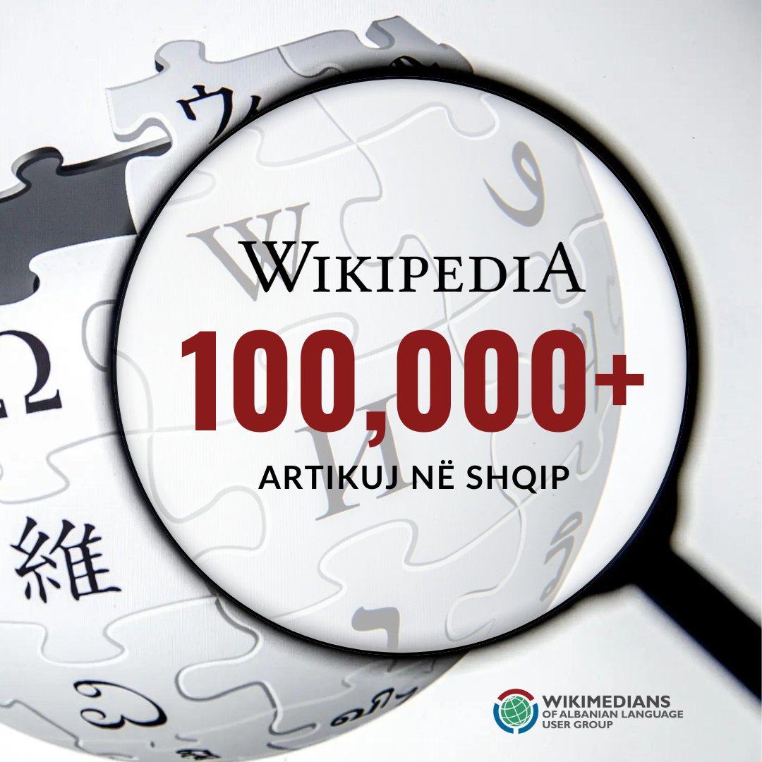 🎉 100,000 ARTIKUJ NË WIKIPEDIA SHQIP! 🎉

Wikipedia shqip ka arritë 100,000 artikuj dhe kjo nuk do të ishte e mundur pa kontributin dhe punën tuaj të palodhur. Jeni fanstastikë dhe falenderime pa fund. 🙌

Vazhdoni të na ndiqni e të merrni pjesë në aktivitetet tona!

#WoALUG