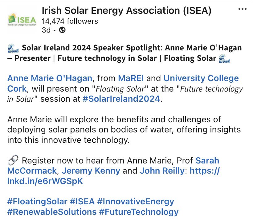 Anne Marie O'Hagan (@ohaganam) on Twitter photo Looking forward to an interesting afternoon at #SolarIreland2024 kicking off with a discussion on the changing Planning Acts followed by a session on future solar where I’m presenting on #MaREI’s work in the <a href="/NaturseaPV/">NaturSea-PV Project</a> floating offshore solar project. Looking forward to an interesting afternoon at #SolarIreland2024 kicking off with a discussion on the changing Planning Acts followed by a session on future solar where I’m presenting on #MaREI’s work in the <a href="/NaturseaPV/">NaturSea-PV Project</a> floating offshore solar project.