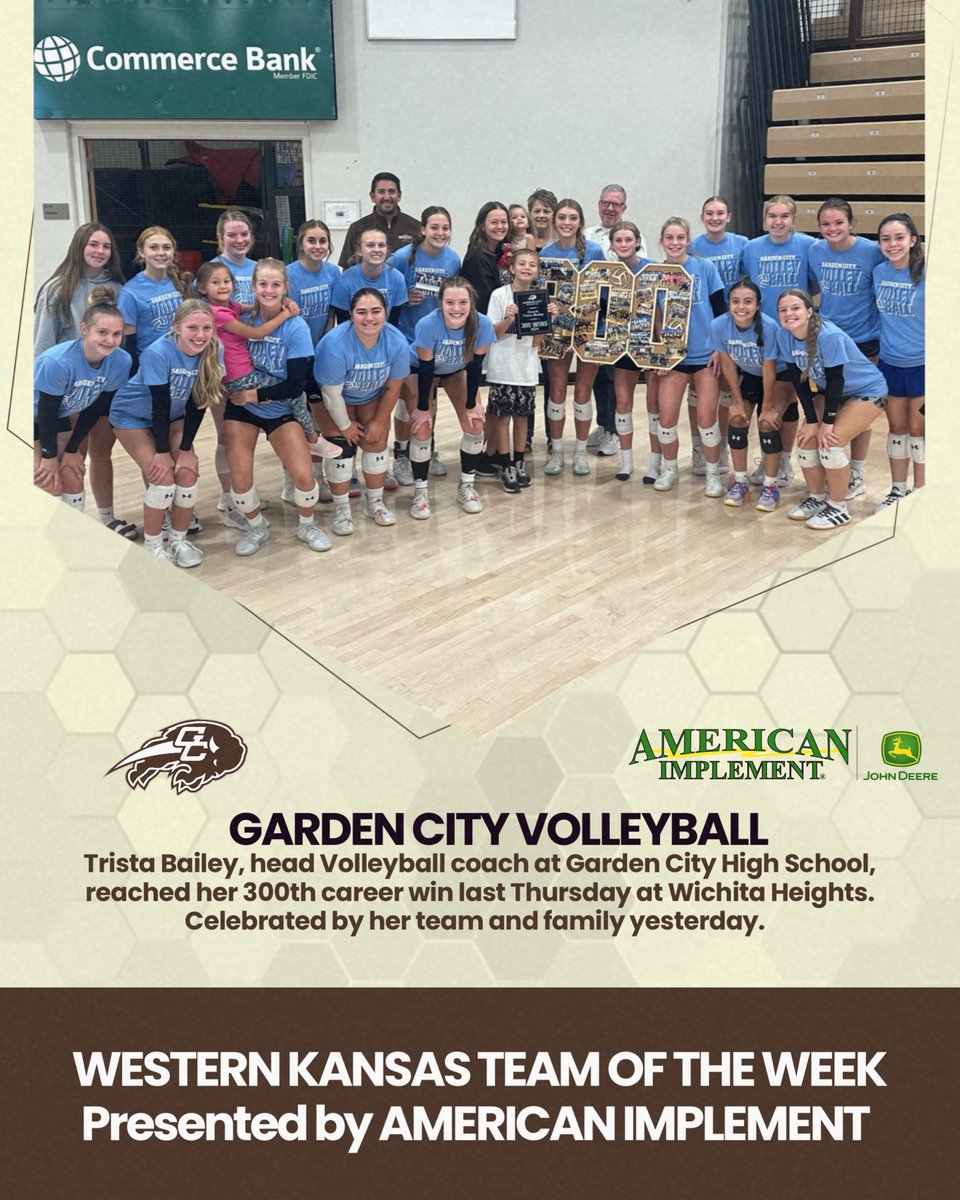 American Implement <a href="/AmericanImp/">American Implement</a> Western Kansas Team of the Week: Garden City HS 🏐. Trista Bailey, head Volleyball coach at Garden City High School, reached her 300th career win last Thursday at Wichita Heights. Celebrated by her team and family yesterday.  #sportsinkansas