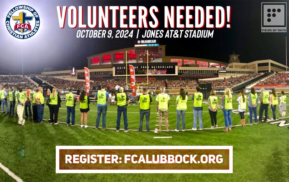🚨#FieldsofFaith Volunteers Needed🚨

"The harvest is great, but the workers are few." - Matthew 9:37  

➡️Register Here: fcalubbock.org/fof