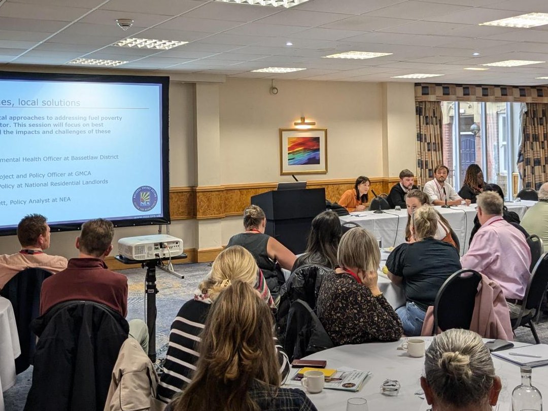 NEA_UKCharity's tweet photo. The next panel discussion at our #PRSConference looks at local authorities' approaches to addressing fuel poverty. On the panel are Maya Fitchett from @NEA_UKCharity, Jean Common from @BassetlawDC,  Tom Crosher from @greatermcr, and James Wood from @NRLAssociation. https://t.co/Ia3wrdPNSU