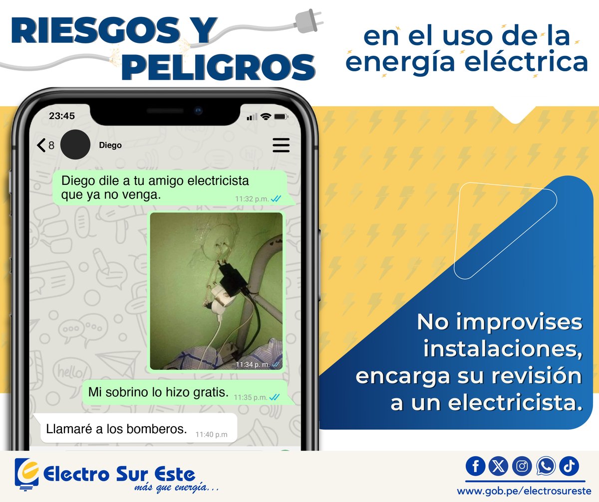 ElectroSurEste's tweet photo. ‼️Electro Sur Este te informa‼️
✅Riesgos y Peligros en el Uso de la Energía Eléctrica.
Conoce más haciendo clic: https://t.co/z9yup7nkJa
Más que energía...⚡️ #Cusco #Apurimac #Madrededios https://t.co/antbHfR5nj