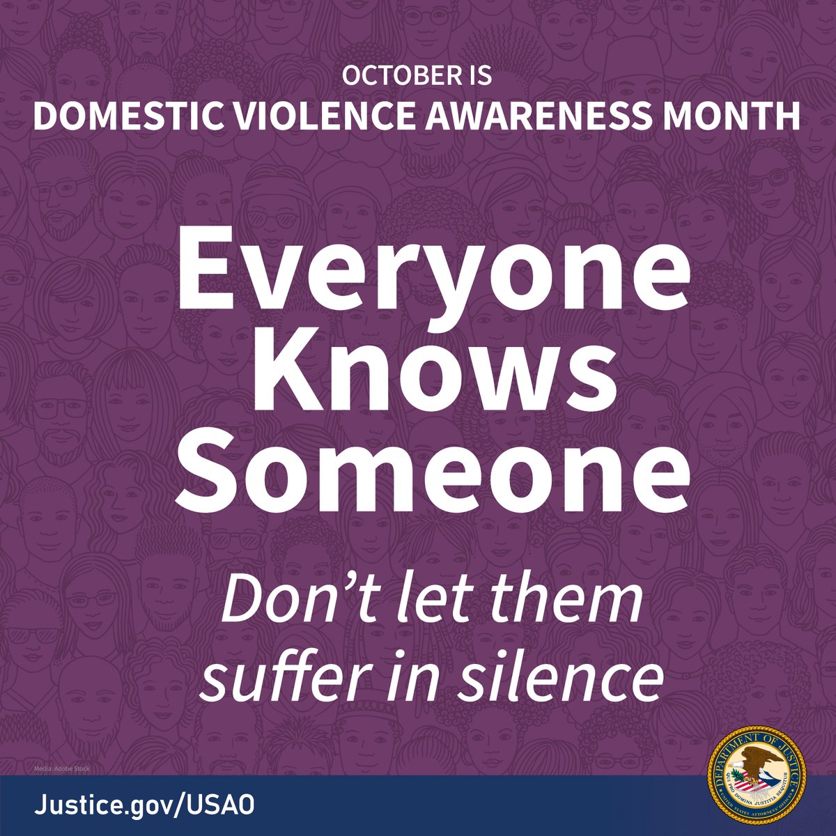October is Domestic Violence Awareness Month.

24 people every minute are victims of physical violence, rape, and/or stalking from their partners. We’re saying #NOMORE.

Learn more: justice.gov/ovw/domestic-v…