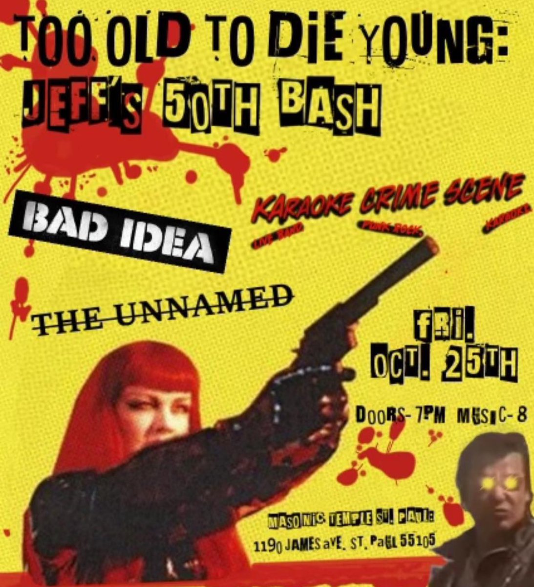 Less than a month away now. Jeff's 50th birthday bash Friday October 25th w @karaokecrimescene and @the_unnamed_doitright at the Masonic Temple in St Paul.  the door. This is mostly likely our last show of 2024. See you there!!