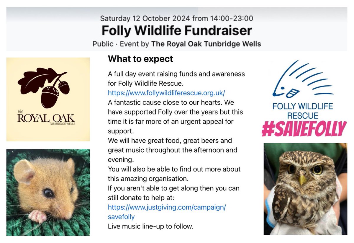 Folly Wildlife Rescue (@follywildlife) on Twitter photo “Great food, great beers, great music” and fundraising to #SaveFolly at The Royal Oak in Tunbridge Wells on October 12th
#donatenow #sharenow justgiving.com/campaign/savef…
<a href="/tw_events/">Tunbridge Wells Events 👑</a> <a href="/My_T_Wells/">My Tunbridge Wells</a> #TunbridgeWells “Great food, great beers, great music” and fundraising to #SaveFolly at The Royal Oak in Tunbridge Wells on October 12th
#donatenow #sharenow justgiving.com/campaign/savef…
<a href="/tw_events/">Tunbridge Wells Events 👑</a> <a href="/My_T_Wells/">My Tunbridge Wells</a> #TunbridgeWells