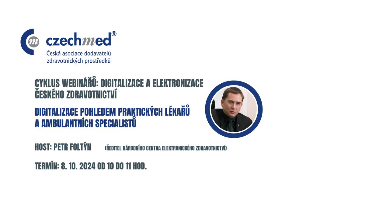 CzechMed pořádá WEBINÁŘ: Digitalizace českého zdravotnictví – praktické dopady. Nezapomeňte se zúčastnit dne 8. října. linkedin.com/events/webin-d… 

#digitalizace #zdravotnictvi #PetrFoltyn #CzechMed