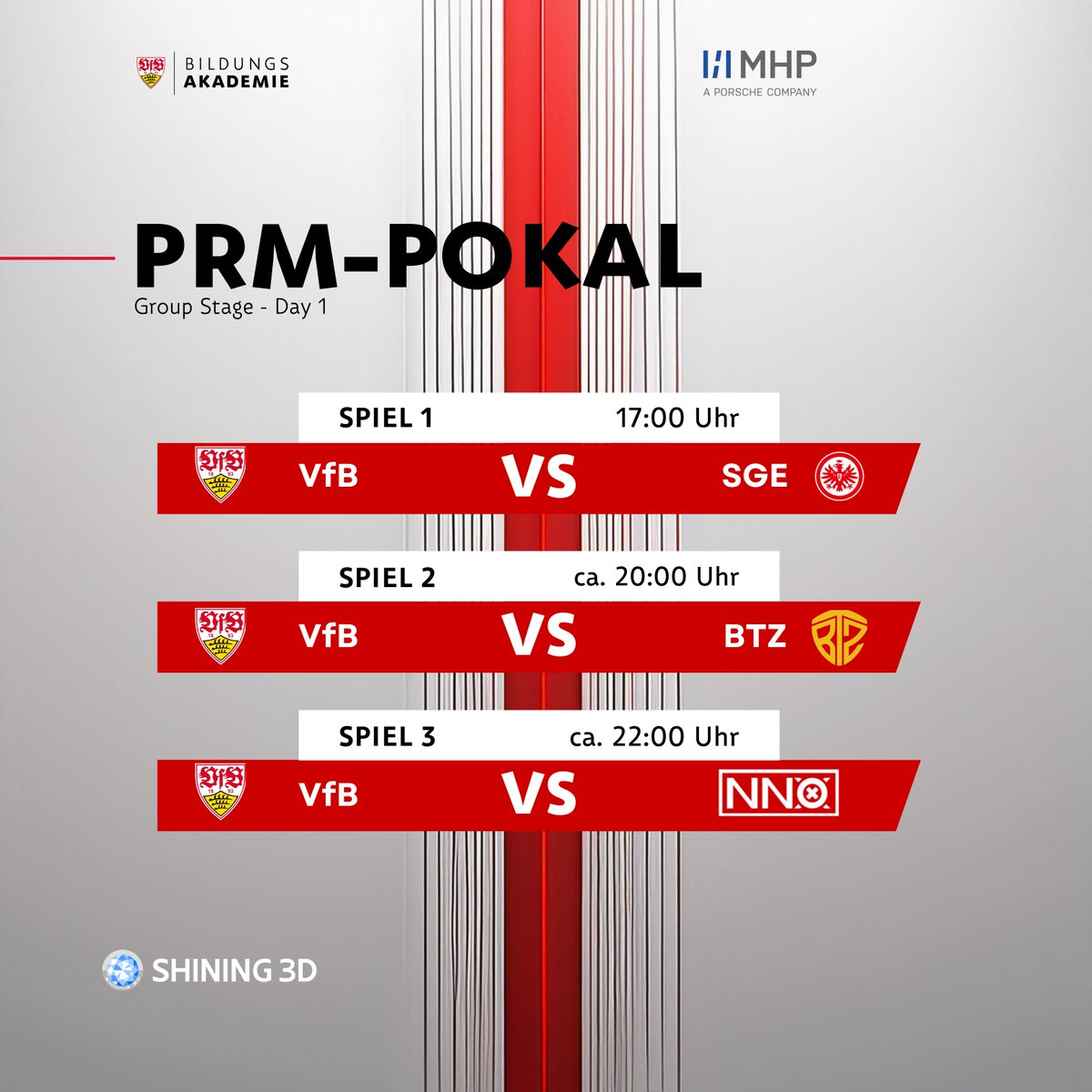 VfB eSports (@vfb_esports) on Twitter photo ⚪️PRM-Pokal Group Stage🔴
Die Spannung steigt! 😱🔥
Heute treten wir in der PRM-Pokal Gruppenphase in Gruppe E gegen <a href="/Eintrachtesport/">Eintracht Frankfurt Esports</a>, @BootzMain und @NNOPrime an.
Los geht's um 17:00 Uhr mit dem Game gegen Eintracht Frankfurt. Ein "Running Schedule" - wir teilen euch hier ⚪️PRM-Pokal Group Stage🔴
Die Spannung steigt! 😱🔥
Heute treten wir in der PRM-Pokal Gruppenphase in Gruppe E gegen <a href="/Eintrachtesport/">Eintracht Frankfurt Esports</a>, @BootzMain und @NNOPrime an.
Los geht's um 17:00 Uhr mit dem Game gegen Eintracht Frankfurt. Ein "Running Schedule" - wir teilen euch hier