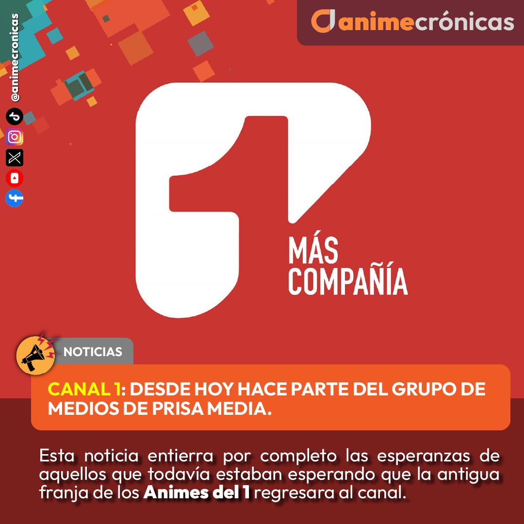 animecronicas's tweet photo. #Noticias | Desde hoy @Canal1Colombia hace parte del grupo de medios de @PRISA Media (@Prisamediaco).

Los televidentes y seguidores de Canal 1 en las redes sociales empezaron a notar los cambios, tanto en la programación como en la identidad gráfica. Esto se debe a que a partir de hoy, martes 1° de octubre, se hizo oficial su llegada al grupo de medios de Prisa Media.

Gustavo Gómez (@gusgomez1701), conductor del programa radial 6AM de @CaracolRadio, hizo el anuncio oficial al aire: "Nos están escuchando, pero si quieren vernos, pueden encender su televisor en el Canal 1 en este momento. Estamos en el Canal 1 porque siempre hemos tenido en Caracol Radio una  gran e importante y fructífera relación con ese número, con el número uno."

¿Y por qué hacemos mención de este tema? 🤔

Porque esta cuenta surgió a partir de la antigua franja de los #AnimesDel1, emitida en su mayoría durante las mañanas de los fines de semana a través de Canal 1. Durante los primeros años disfrutamos muchísimo de la interacción con el canal y los televidentes, a tal punto de llegar a ser tendencia. Años después, la franja salió del aire y por ello se tomó la decisión de cambiar nuestro nombre a @animecronicas. Como sabemos de primera mano que aún quedaban personas que guardaban las esperanzas de que algún día la franja regresara al canal, esta noticia ha terminado de sepultarlas.