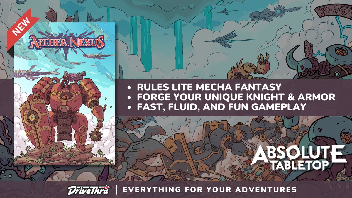 DriveThruRPG (@drivethrurpg) on Twitter photo Aether Nexus: Fantasy Mecha Roleplaying Game is available now from <a href="/AbTabletop/">Absolute Tabletop</a>
Get it here: tinyurl.com/535t2nxy
A fantasy #TTRPGs of mecha and magic powered by The Mecha Hack. Aether Nexus: Fantasy Mecha Roleplaying Game is available now from <a href="/AbTabletop/">Absolute Tabletop</a>
Get it here: tinyurl.com/535t2nxy
A fantasy #TTRPGs of mecha and magic powered by The Mecha Hack.