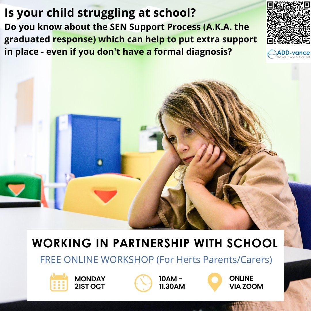 VanceAdd's tweet photo. πTake a look at the FREE upcoming workshops available to Hertfordshire parents/carers π
Book here: https://t.co/L0sGbRLI1c or scan QR code
#ADDvance #ADHD #autism #neurodivergent #neurodivergence #herts #hertfordshire #school #schoolavoidance #EBSA #support #graduatedresponse https://t.co/Y01Qex5R14