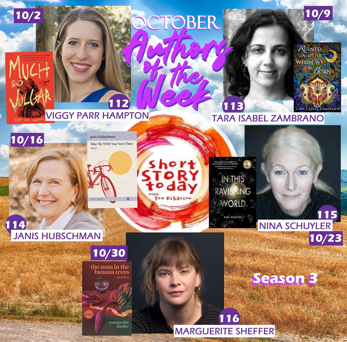 OCTOBER AUTHORS! We continue Season 3 with another outstanding lineup of fiction writers. If it's short stories you're looking for, look no further! New episodes every Wednesday. <a href="/viggyhampton/">Viggy Parr Hampton</a> @tara_zambrano <a href="/UIowaPress/">U of Iowa Press</a> shortstorytoday.com