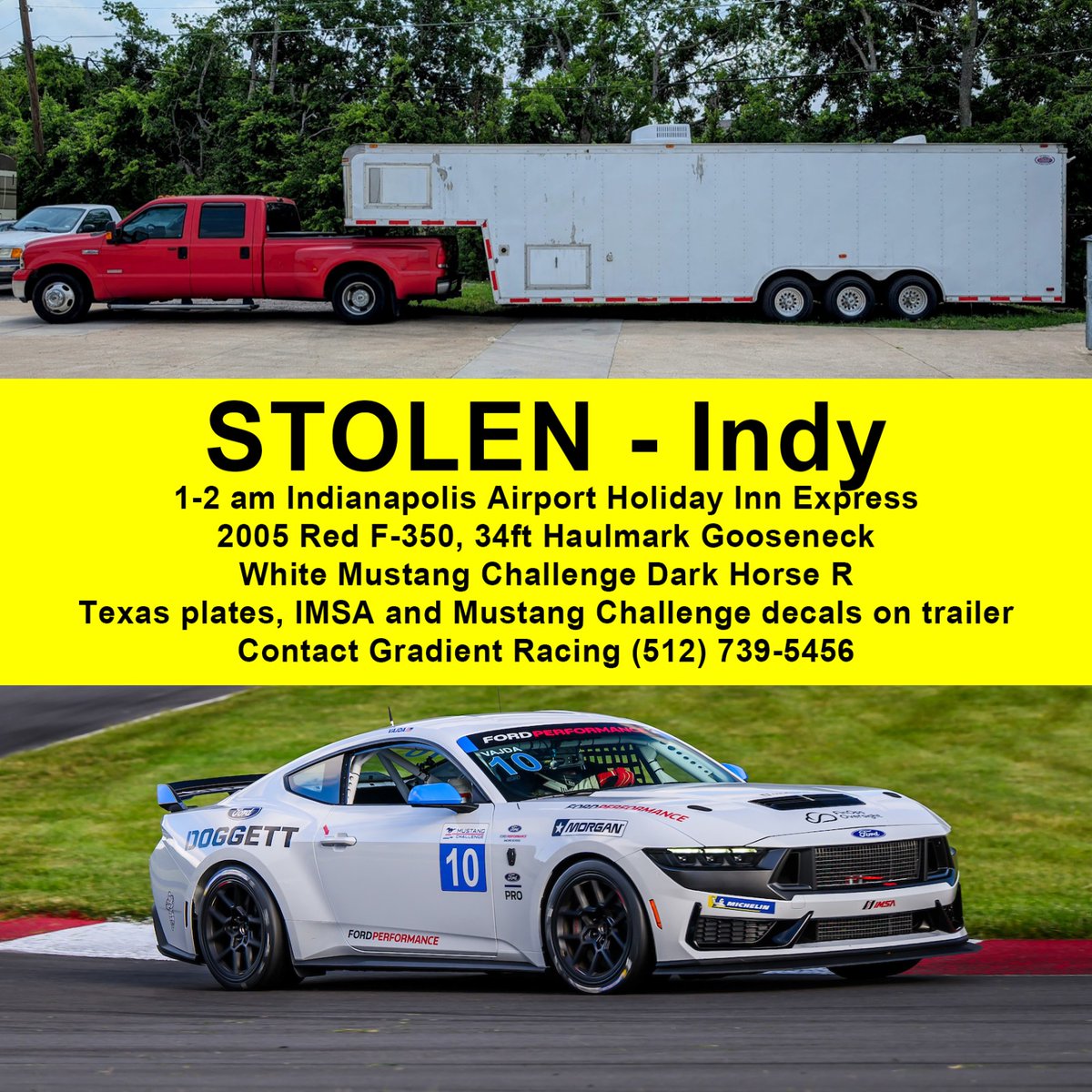 One of our team trailers, along with a Mustang Challenge race car, was stolen from the hotel parking lot in Indianapolis earlier this morning, just before the season finale. If you have any information or spot anything, please contact us immediately.