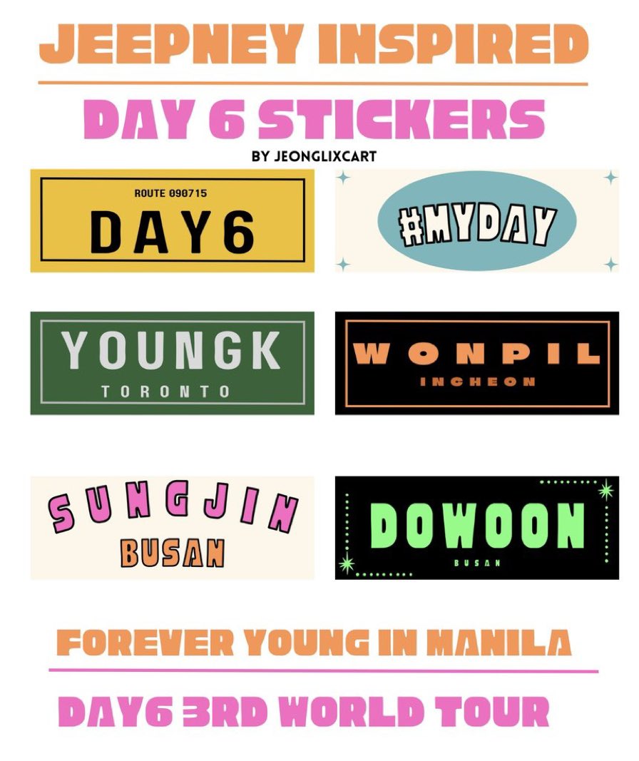jeonglixcart's tweet photo. Jeepney Inspired Day6 Stickers Fan Support by yours truly! 

Forever Young Day6 3rd World Tour in Manila
February 22 2025 

✨ RT &amp; Like 
✨ 1 pack per person only, limited. (1 pack : 6 stickers)
✨ Accepting trades on the day 

See you Mydays! 🍀
#DAY6_3RD_WORLDTOUR_MNL https://t.co/kfhuIOXOAc