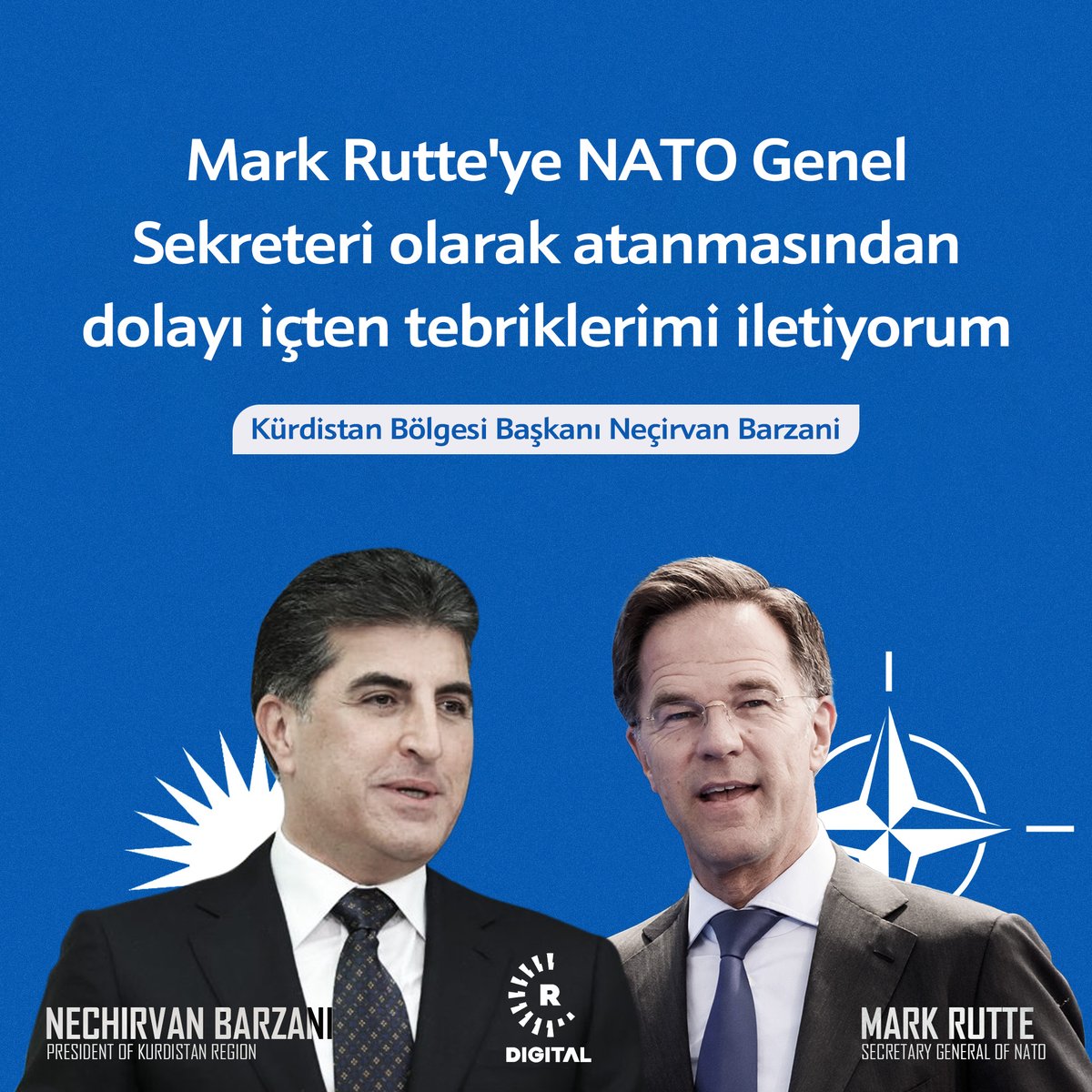 RudawTurkce's tweet photo. #Kürdistan Bölgesi Başkanı Neçirvan Barzani, Mark Rutte, #NATO Genel  Sekreterliğini resmen devralması nedeniyle kutlama mesajı yayınladı

🔗 https://t.co/VFoKeB18Nz https://t.co/nc12bG99v4