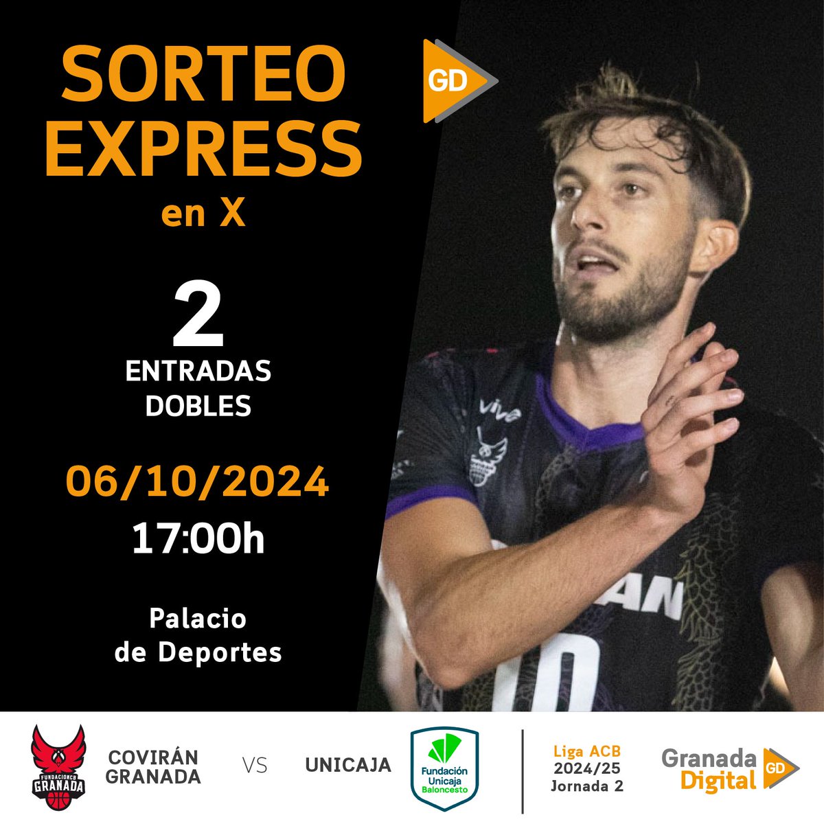 granadadigital's tweet image. 🏀 #SORTEO | El @covirangranada regresa al Palacio para enfrentarse al @unicajaCB

Sorteamos dos entradas dobles

🔄RT a la publicación
👭Menciona con quién irás
📲Sigue a @granadadigital

El viernes 5 de octubre, a partir de las 12:00, daremos el nombre de los ganadores.¡Suerte!