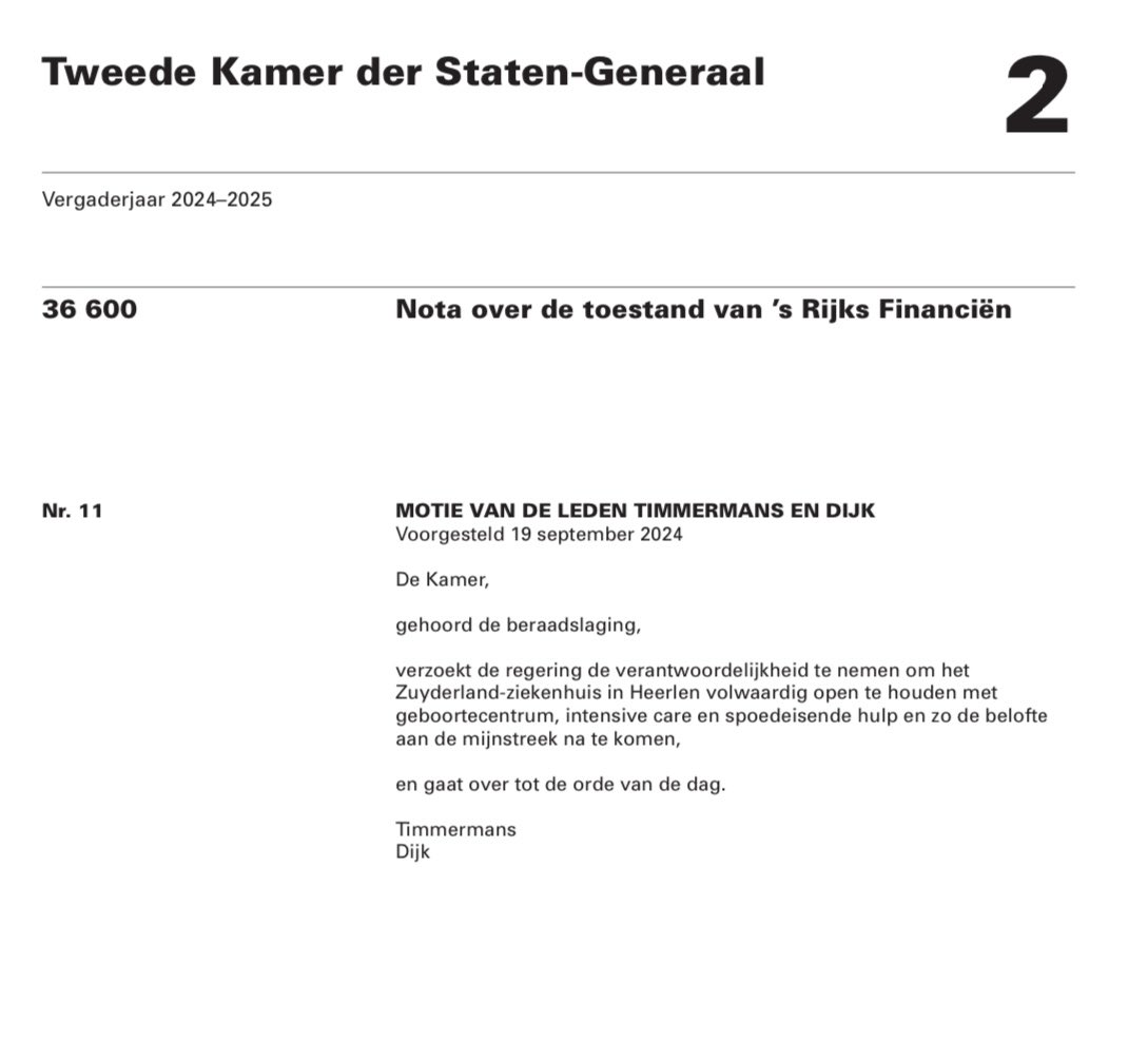 Frans Timmermans (@f__timmermans) on Twitter photo Goed nieuws voor Parkstad: de Kamer steunt de motie van <a href="/jimmydijk/">Jimmy Dijk</a> en mij voor het volwaardig openhouden van het Zuyderland ziekenhuis.
De Minister moet er nu voor zorgen dat mensen in Parkstad toegang houden tot een volwaardig ziekenhuis. De mijnstreek verdient niets minder. Goed nieuws voor Parkstad: de Kamer steunt de motie van <a href="/jimmydijk/">Jimmy Dijk</a> en mij voor het volwaardig openhouden van het Zuyderland ziekenhuis.
De Minister moet er nu voor zorgen dat mensen in Parkstad toegang houden tot een volwaardig ziekenhuis. De mijnstreek verdient niets minder.