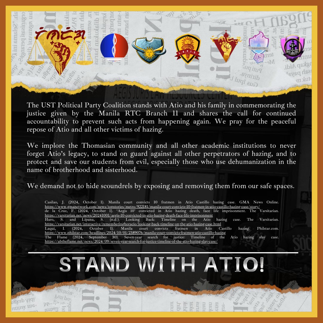 Tindig_USTAB's tweet photo. Today, on the 1st of October, 2024, the Manila City Regional Trial Court (RTC) Branch 11 submitted its verdict on the case of Atio’s death. https://t.co/pygSfsfXT7