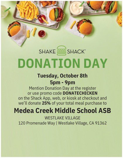 Save the date. 10/8 forget dinner and get Shake Shack to help our ASB program continue their student mentorship.
