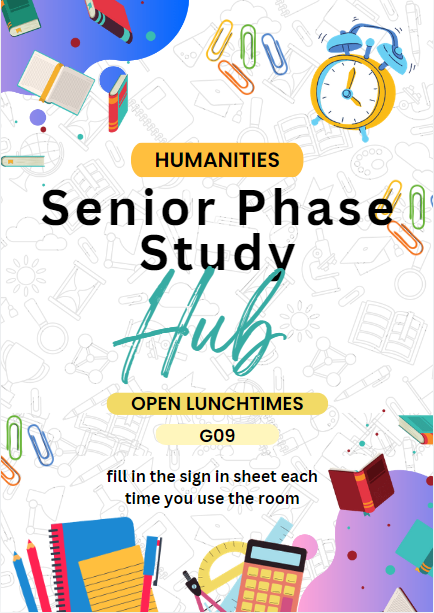 Senior Phase Study Hub now open lunchtimes in G09! Use the sign in sheet anytime you come along to study.  🏫📝🙂