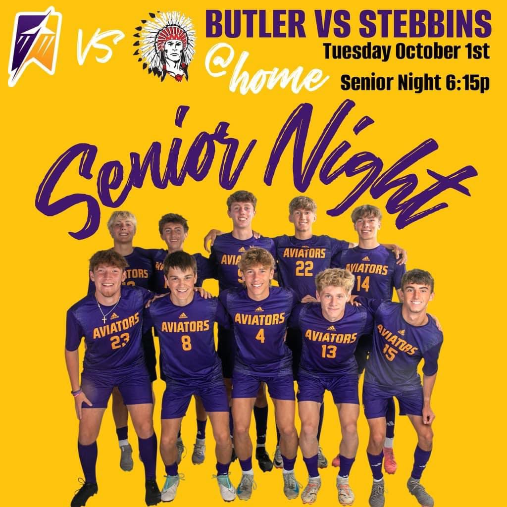 ⚽️ It’s GAMEDAY &amp; SENIOR NIGHT!
⌚️ 6:15pm ceremony, 7pm game 
🆚 Stebbins 
🏟️ Memorial Stadium, Butler High School 
🎟️ s2pass.com/app-download
☁️ 70° 
 #WeAreAviators