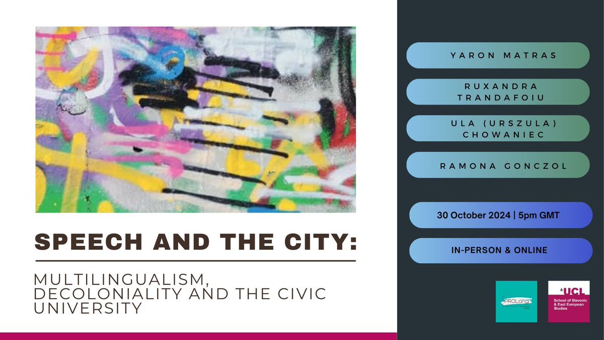 Please join us for this #PROLang panel discussion featuring <a href="/Prunedetuica/">Ruxandra Trandafoiu</a>, <a href="/RamonaGnczl/">Ramona Gonczol (PROLang)</a> and Ula Chowaniec, in conversation with <a href="/YaronMatras/">Yaron Matras</a> on his latest book 'Speech and the City' (<a href="/CambridgeCore/">Cambridge Core</a>). 

🗓️ 30 October at 5pm
📍 In-person &amp; online
➡️ buff.ly/3XLDCgU