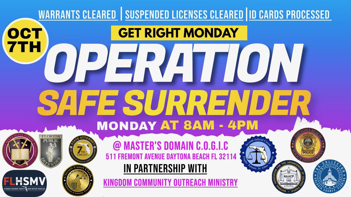 Get RIGHT!

Monday, October 7th is your chance to hit the reset button! 

We’re clearing warrants, fixing suspended licenses, and even handling ID cards!  No need to wait for Santa to check his list—you can clear YOURS at OPERATION SAFE SURRENDER! 

See flyer for more info!