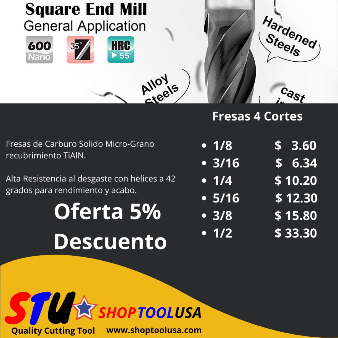 shoptoolusa's tweet photo. Extra descuento en fresas carburo sólido 
TiAlN 4 cortes. Descubre el poder de STU Shop Tool USA 🔗 https://t.co/1IBMI2taNw

#cnc #fresasmetal #metalduro #endmill #herramientas #corteymedicion https://t.co/02LuqO56Hy