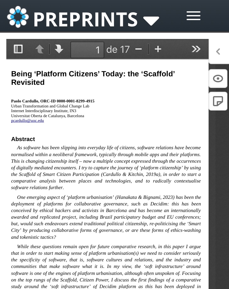 kiddingthecity's tweet image. Being ‘Platform Citizens’ Today: the ‘Scaffold’ Revisited

📣 New paper: pre-print available

osf.io/preprints/osf/… 
via 
@OSFramework

#SmartCity #PlatformUrbanisation #SoftInfrastructure
#Commoning #Citizenship 
#Decidim 
#Barcelona