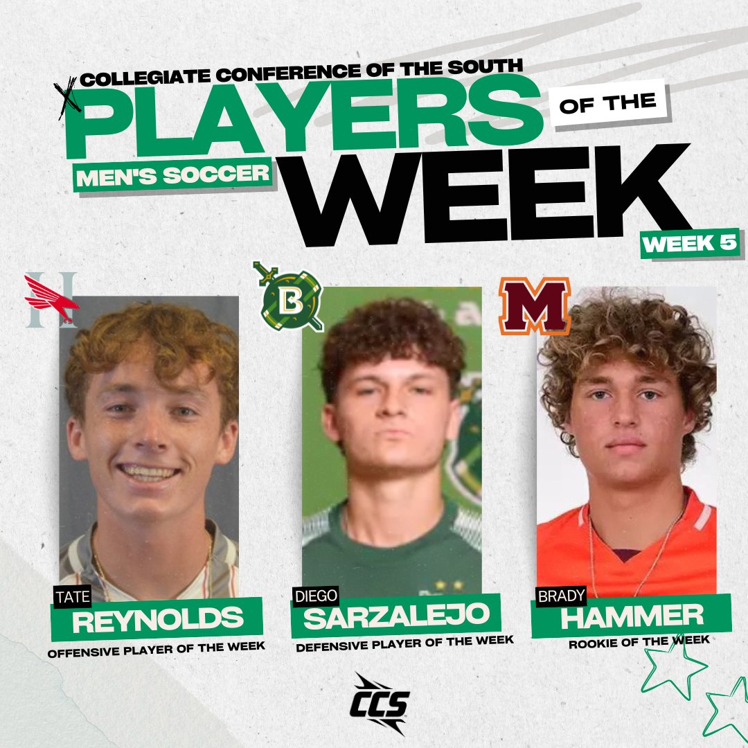 CCofSouth's tweet image. ⚽ WK 5| CCS Men’s Soccer Players of the Week

OFFENSIVE: Tate Reynolds, Huntingdon

DEFENSIVE: Diego Sarzalejo, Belhaven

ROOKIE: Brady Hammer, Maryville 

🔗: tinyurl.com/5n8m6mwc

#CCS #CCSMSOC