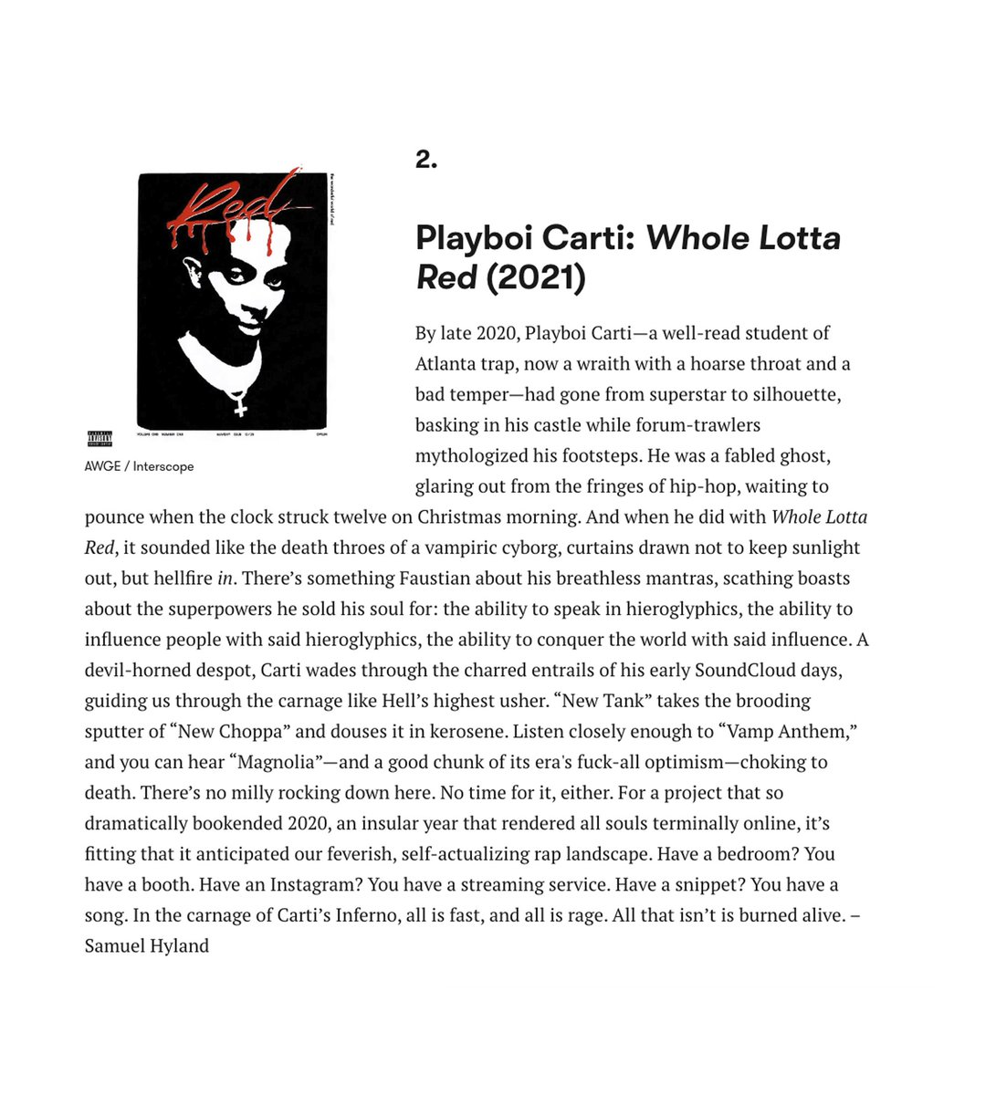 Kurrco's tweet photo. Playboi Carti's 'Whole Lotta Red' is the second-best album of the 2020s so far, according to Pitchfork 👀 https://t.co/x9pNFSRNp2