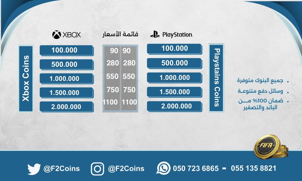قائمة اسعار الكوينز لليوم
#FC25 
#فيفا25 
•ضمان 100% من الباند والتصفير 💯
•أرخص الأسعار 🤩
•نشحن السوق المغلق والمفتوح
• نشحن " PS4-5 , PC , XBOX"
للطلب عن طريق الواتس ⬇️
الاول
wa.me/966501021220
الثاني
wa.me/966551358821