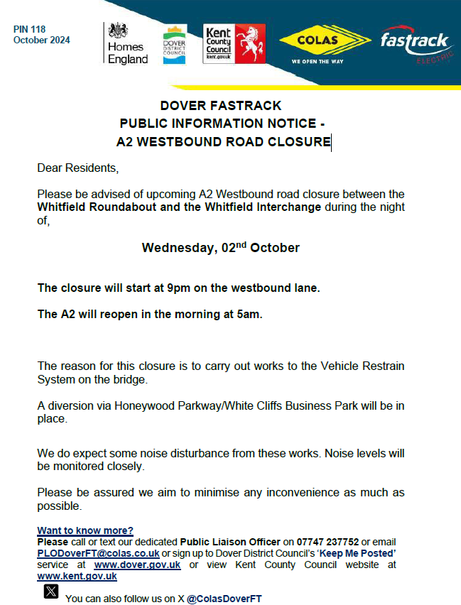 PIN 118 - A2 closure for night works
<a href="/KentHighways/">KCC Highways</a> <a href="/DoverDC/">Dover District Council</a> <a href="/Kent_cc/">Kent County Council</a>