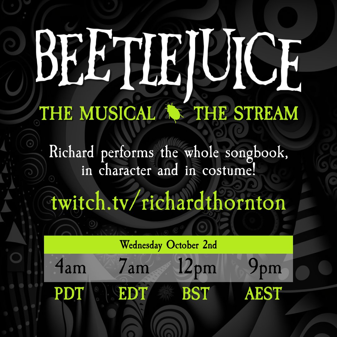 It's happening! Join me tomorrow as I play the <a href="/BeetlejuiceBway/">Beetlejuice on Broadway</a> songbook, in character and in costume. Just me and my piano! If you love the show, you'll love the fun we have with this. Tell ya mates. Hope to see you there! #beetlejuicemusical #Beetlejuice twitch.tv/richardthornton