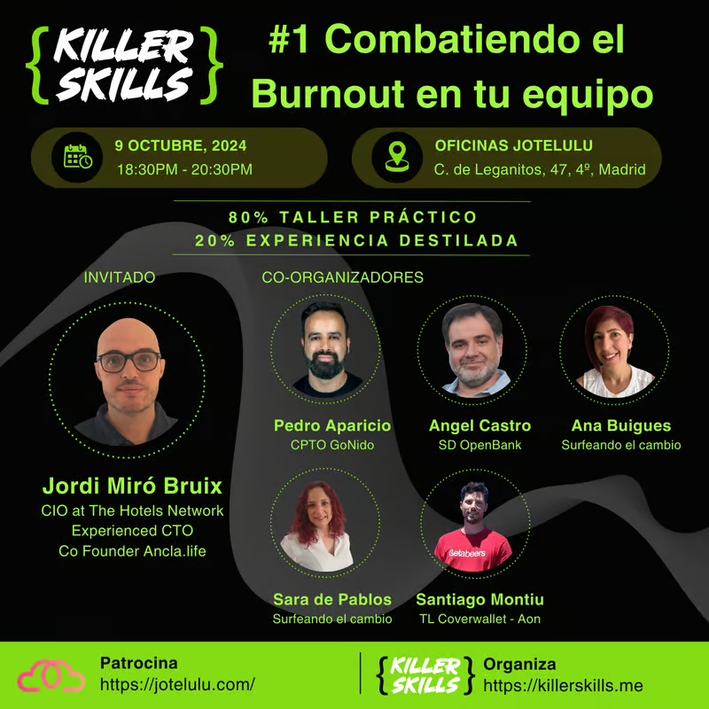 Pedro Pablo Aparicio (@pedropaparicio) on Twitter photo Evitar el #burnout de tu equipo o tu mism@
🔥Evento presencial en Madrid con 80% de práctica y 20% de teoría.
Muy féliz por el 1er evento de <a href="/killerskills_me/">KillerSkills</a>, vengan!
Miércoles, 9 Octubre - 18:30, en las oficinas de <a href="/jotelulu/">JOTELULU</a> con <a href="/jordimirobruix/">jordimirobruix</a>
Link: lu.ma/qi2b06hf Evitar el #burnout de tu equipo o tu mism@
🔥Evento presencial en Madrid con 80% de práctica y 20% de teoría.
Muy féliz por el 1er evento de <a href="/killerskills_me/">KillerSkills</a>, vengan!
Miércoles, 9 Octubre - 18:30, en las oficinas de <a href="/jotelulu/">JOTELULU</a> con <a href="/jordimirobruix/">jordimirobruix</a>
Link: lu.ma/qi2b06hf