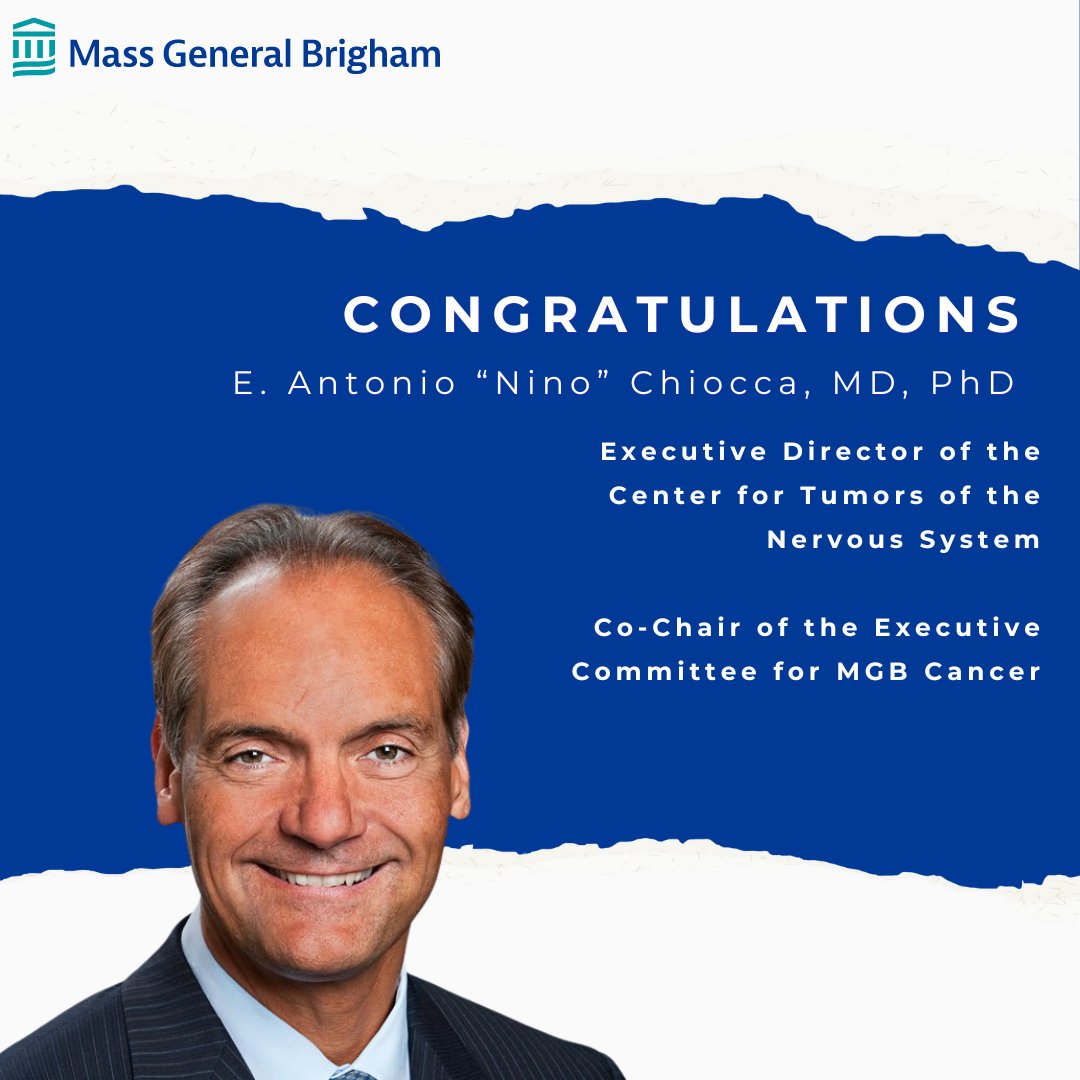Exciting Announcement 📣 Dr. E. Antonio Chiocca has been named Co-Chair of the Executive Committee for the MGB Cancer Institute and Executive Director of the newly formed Center for Tumors of the Nervous System (CTNS). Congratulations, Dr. Chiocca! #MGBCTNS