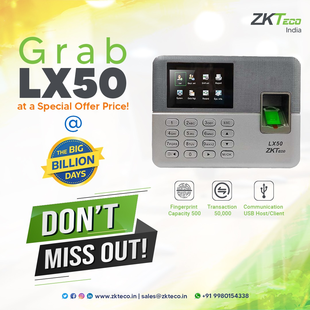 zk_india's tweet image. This festive season, celebrate with special savings!
Grab the #LX50 Biometric #AttendanceDevice at a special offer price during #TheBigBillionDays and upgrade your attendance management system.
Don’t wait – order now!

Flipkart @ shorturl.at/jWfGk

#ZKTeco #Savings