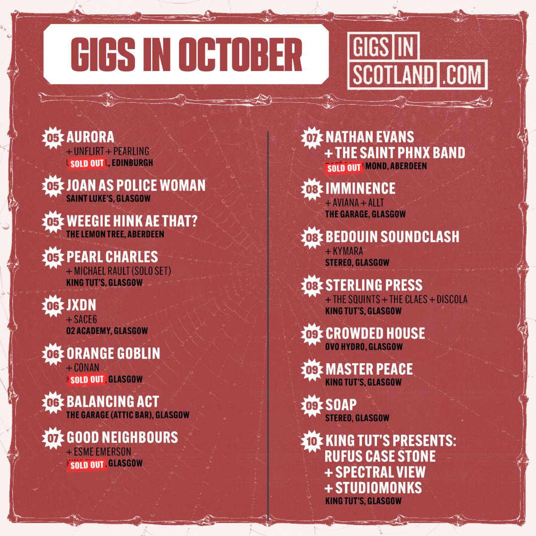 gigsinscotland's tweet photo. GIGS IN OCTOBER! (Part 1) 🎃 » We’ve got another month packed with amazing gigs - just how we like it. 💅 Check out what we have lined up this October…

GET TICKETS ⇾ https://t.co/F2ExEA8QCc https://t.co/JS1N6JR3aw